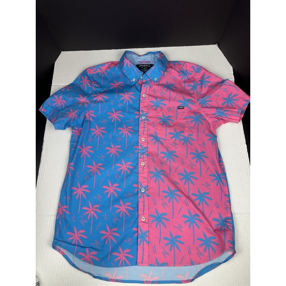 Chubbies Friday Performance S/S Button Up Shirt Tropical Blue Pink Mens Sz Med